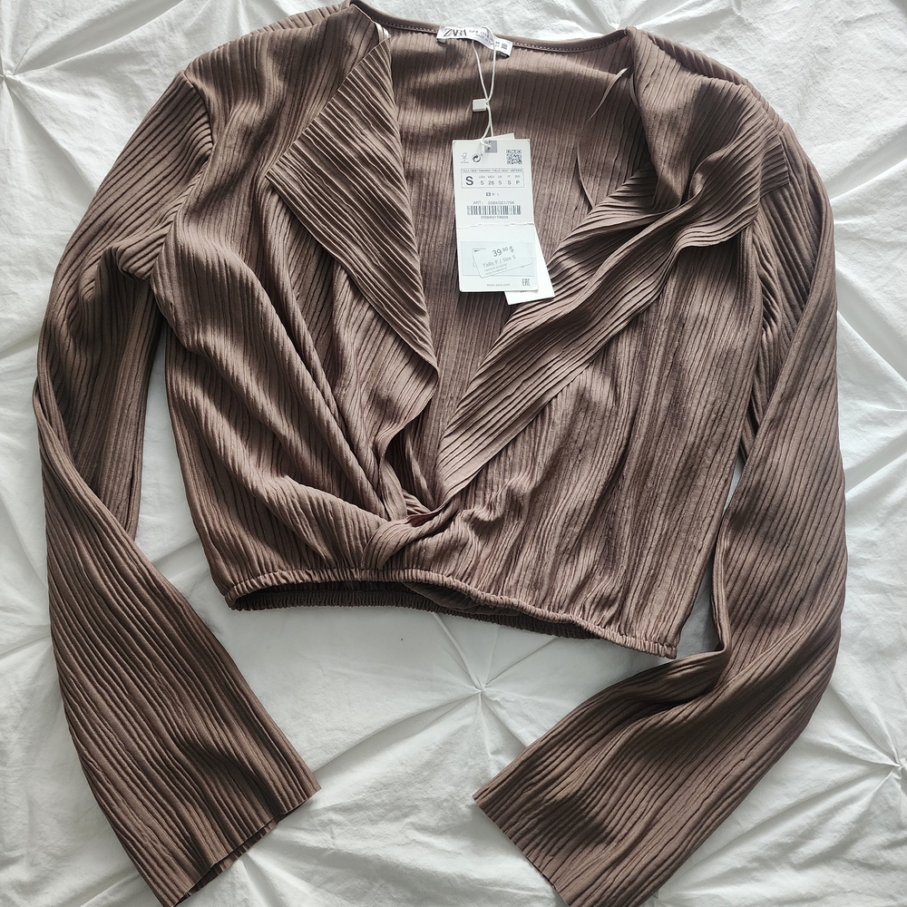 Zara Brown Ribbed Wrap Top